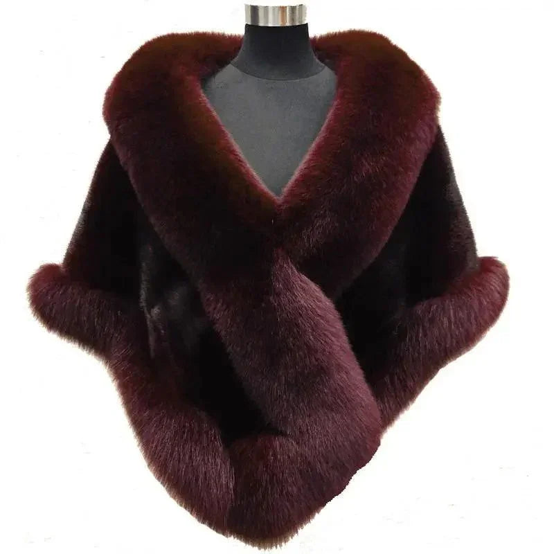 luxurious dark burgundy fur shawl with wide collar displayed on black mannequin