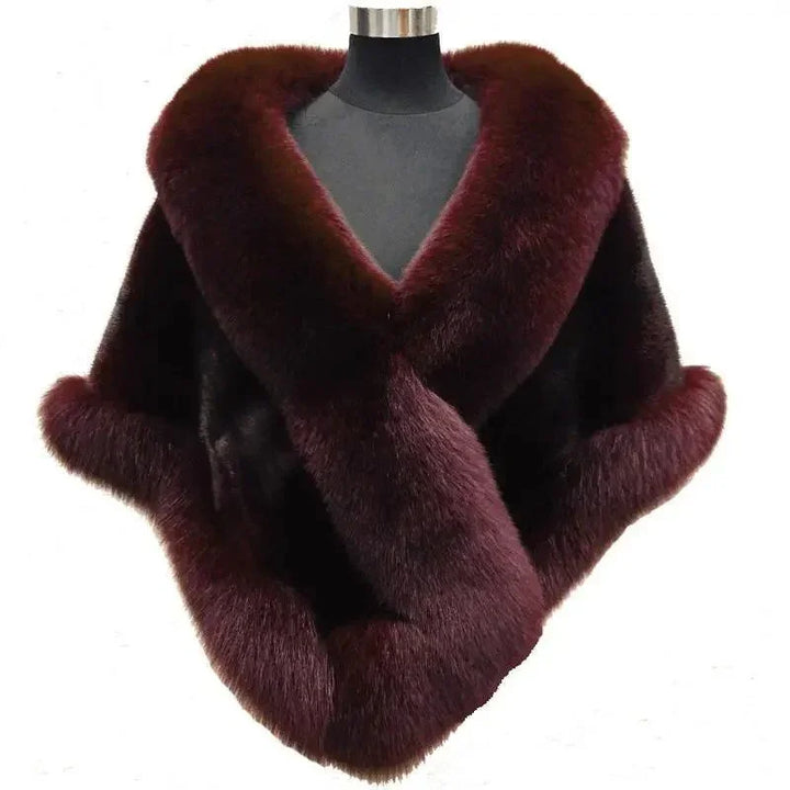 luxurious dark burgundy fur shawl with wide collar displayed on black mannequin