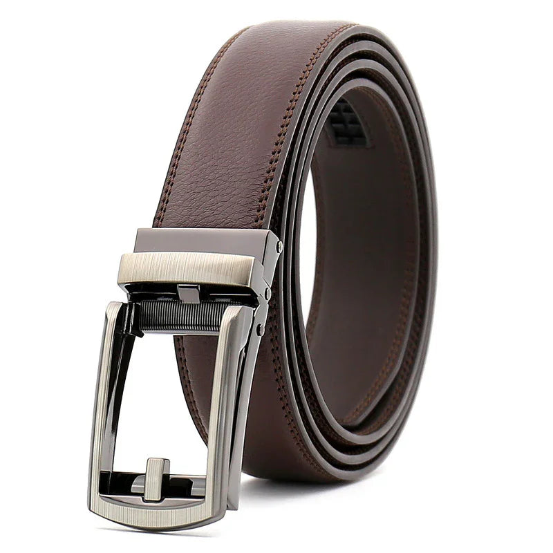 Brown leather belt with silver metal automatic ratchet buckle on white background