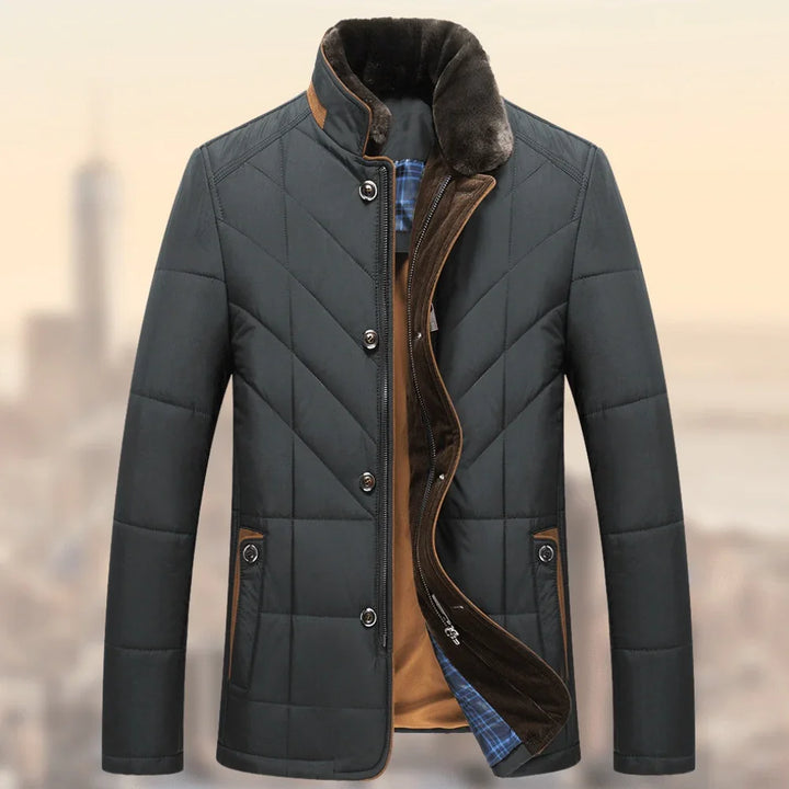 Men's quilted winter jacket with fur collar, front buttons, zipper, and brown interior lining