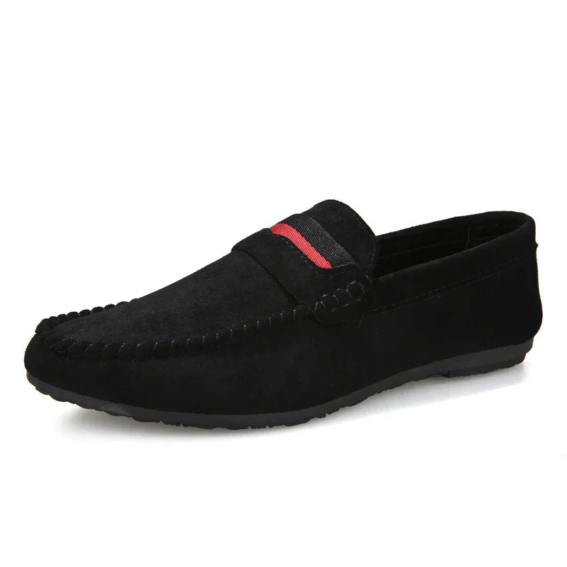 Black suede men's loafer with red and black striped detail and stitched moc toe design