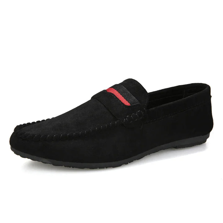 Black suede men's loafer with red and black striped detail and stitched moc toe design
