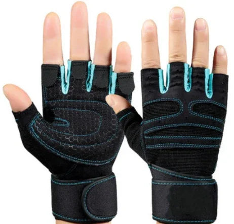 Black and turquoise fingerless workout gloves with padded palms and wrist straps on hands