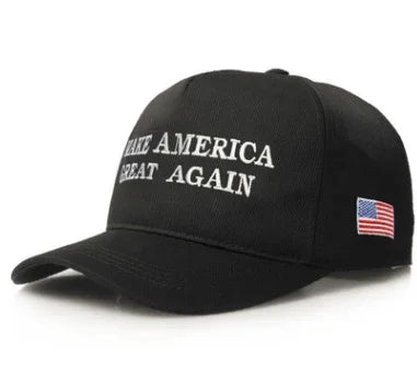 Black baseball cap with white text 'MAKE AMERICA GREAT AGAIN' and small American flag patch on side