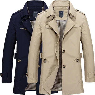 Beige and navy men's trench coats with button details and checkered inner lining