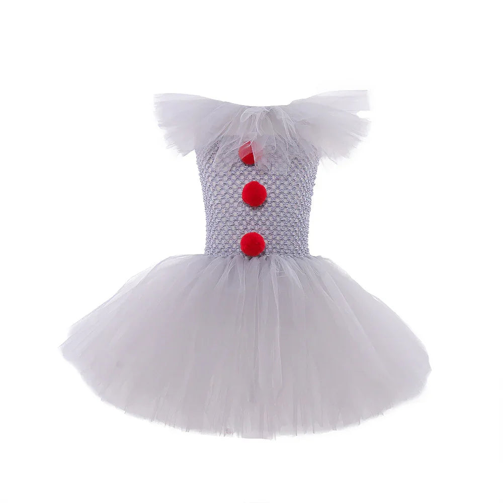 White tulle clown costume dress with red pom-poms and ruffled collar for kids