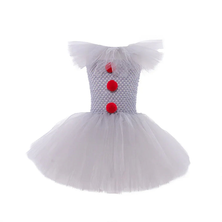 White tulle clown costume dress with red pom-poms and ruffled collar for kids