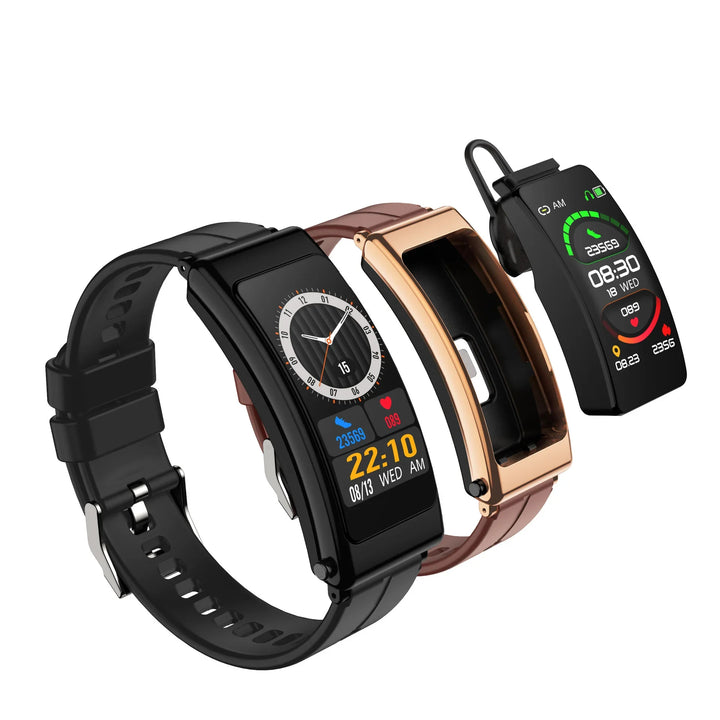 Three fitness tracker smartwatches with color displays showing time, steps, heart rate, and date