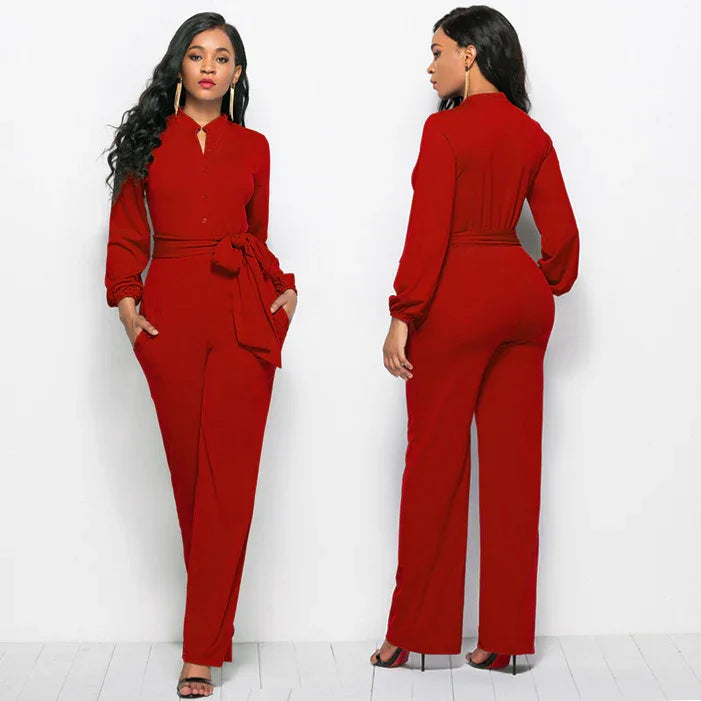 Woman wearing a stylish red long-sleeve jumpsuit with a waist tie and straight pants, shown front and back