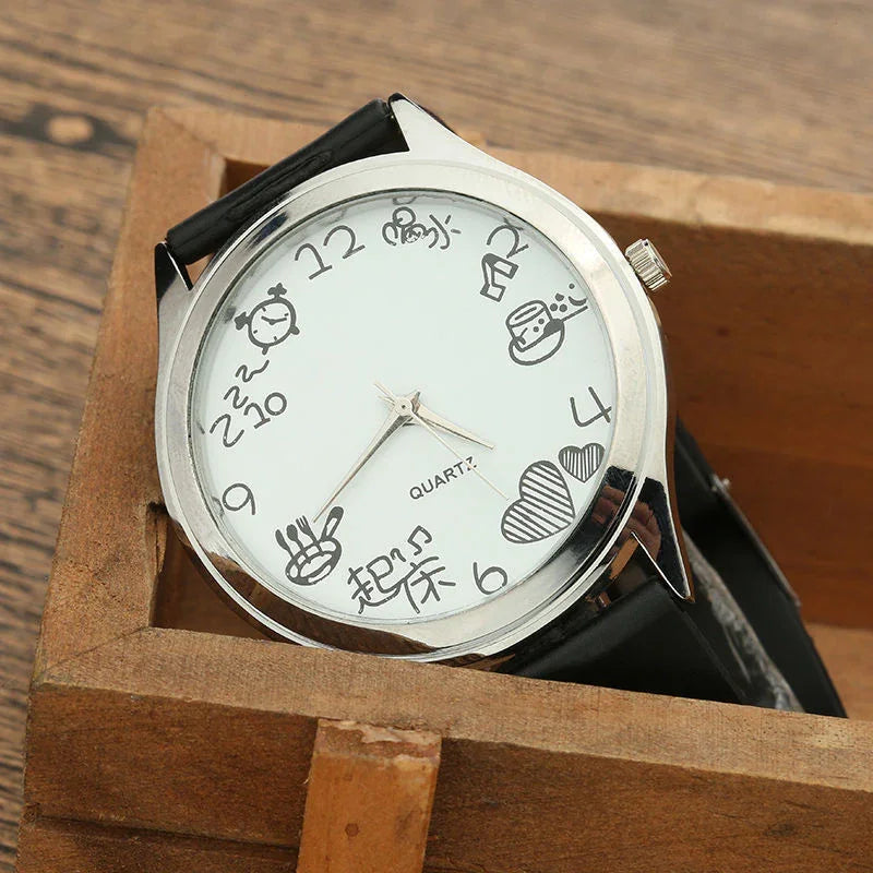 Quartz wristwatch with black leather strap and unique playful doodles instead of numbers on white dial
