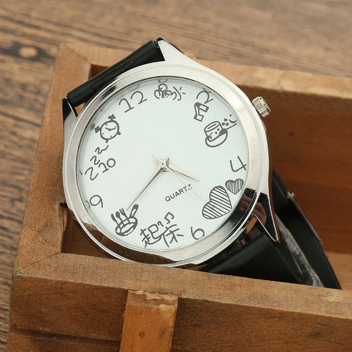 Quartz wristwatch with black leather strap and unique playful doodles instead of numbers on white dial