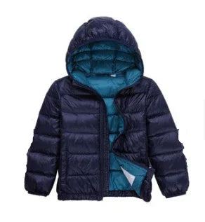 Men's navy blue puffer jacket with hood and teal inner lining, winter outerwear