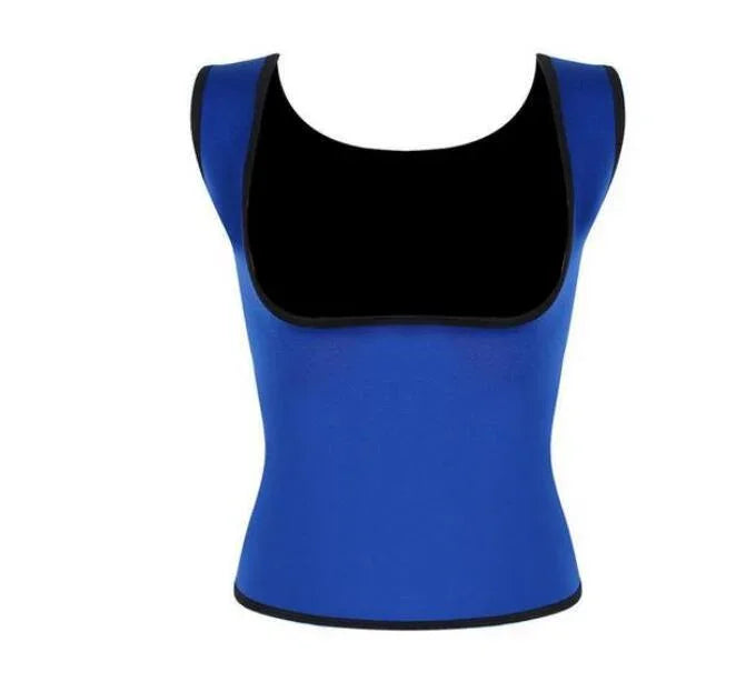 Blue neoprene waist trainer vest with black trim, sleeveless, on white background