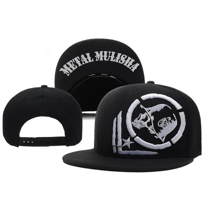 Black Metal Mulisha snapback hat with white embroidered skull logo and text detail