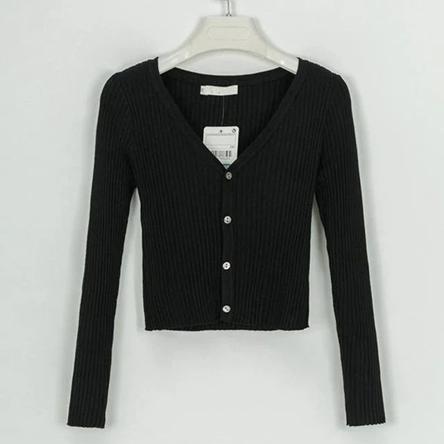 Black ribbed long sleeve button-up cropped cardigan on white hanger