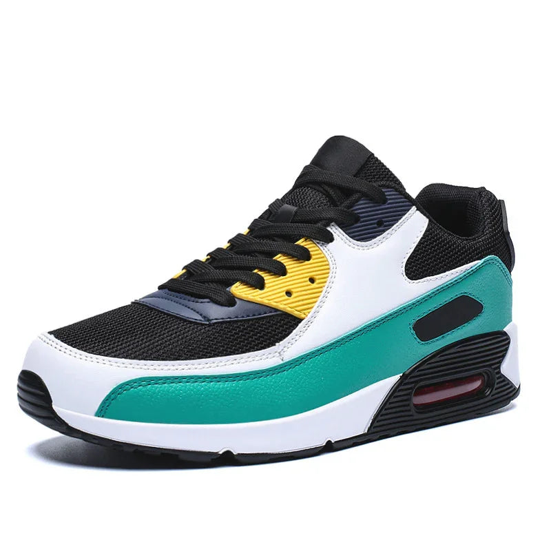 Black, white, teal, and yellow athletic sneaker with air cushion sole and black laces