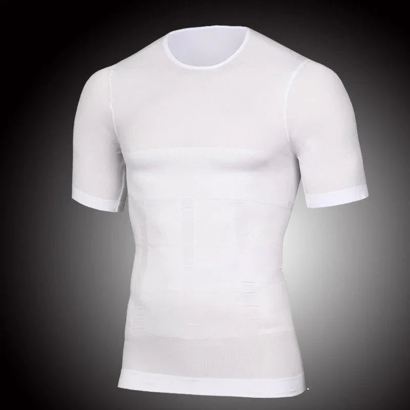 White short-sleeve compression shirt on gray gradient background, seamless athletic fit