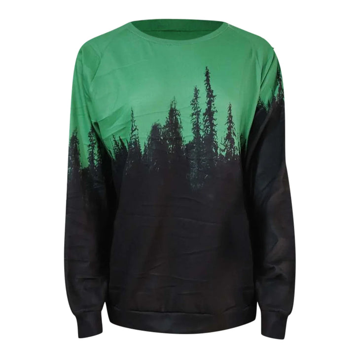 Green and black sweatshirt with black pine tree silhouette design on front and sleeves