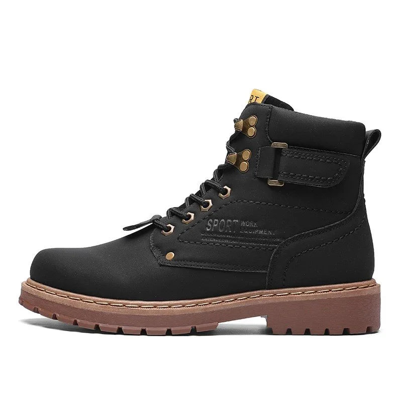 Black sport ankle boot with brown rubber sole and lace-up front, rugged outdoor style