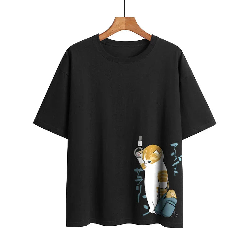 Black t-shirt with cartoon cat and hamster in backpack design and Japanese text