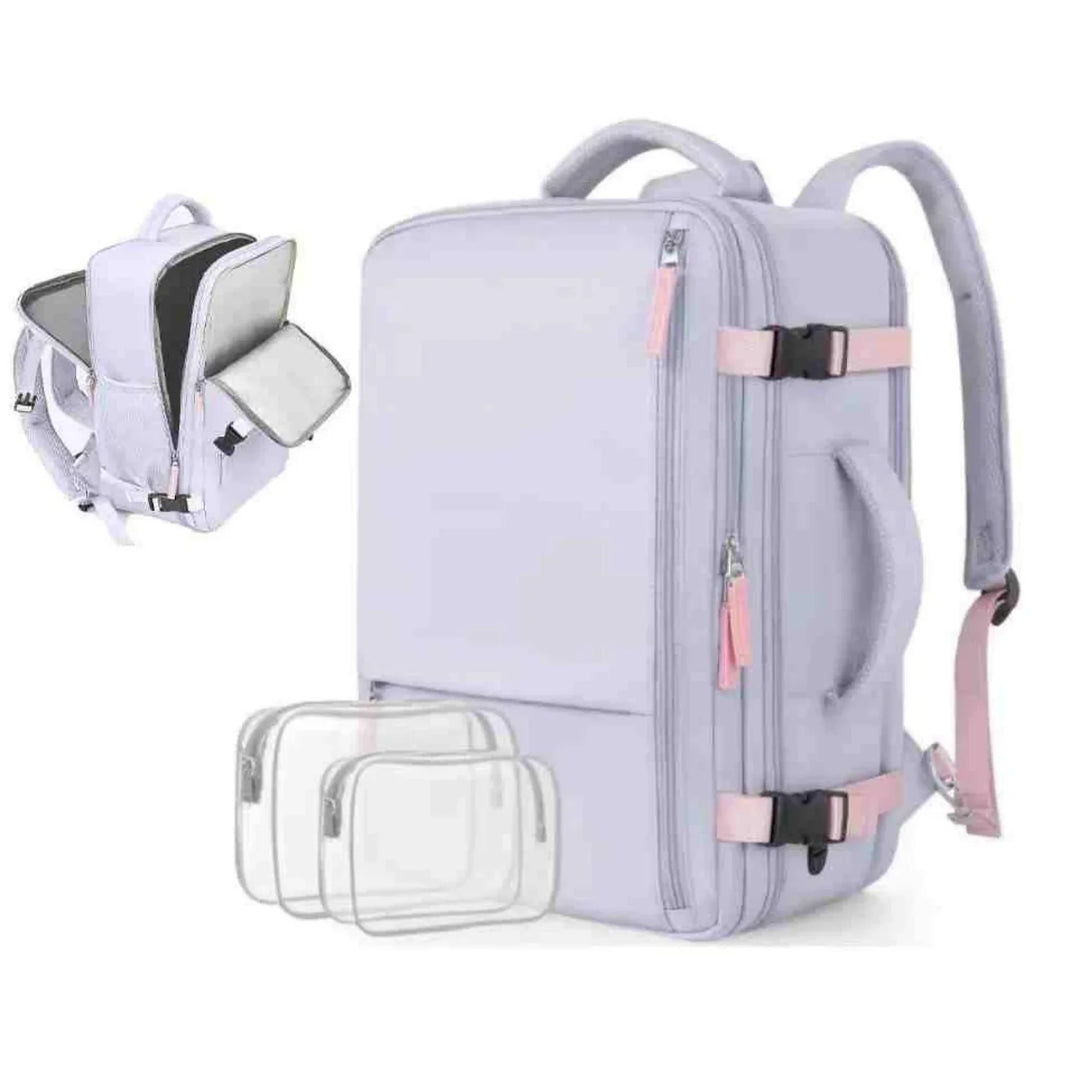 Light purple travel backpack with pink straps, multiple compartments, and two clear packing cubes
