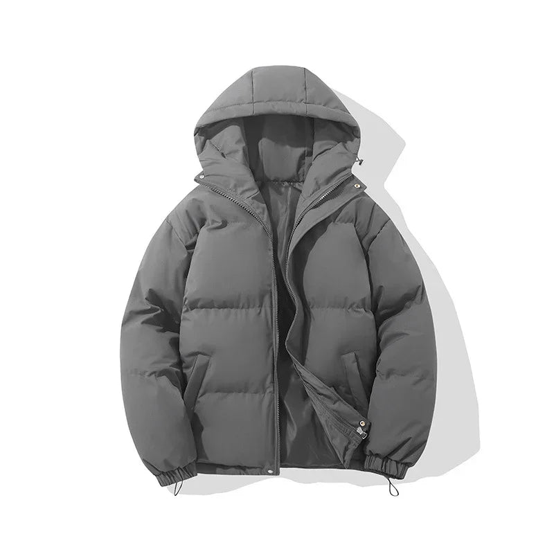 grey puffer jacket with hood and front zipper on white background