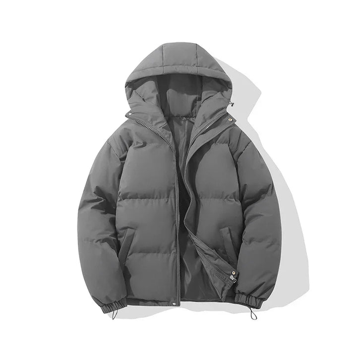 grey puffer jacket with hood and front zipper on white background