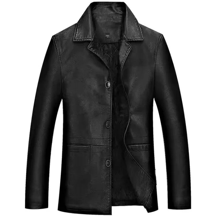 Men's black leather jacket with button closure and classic collar