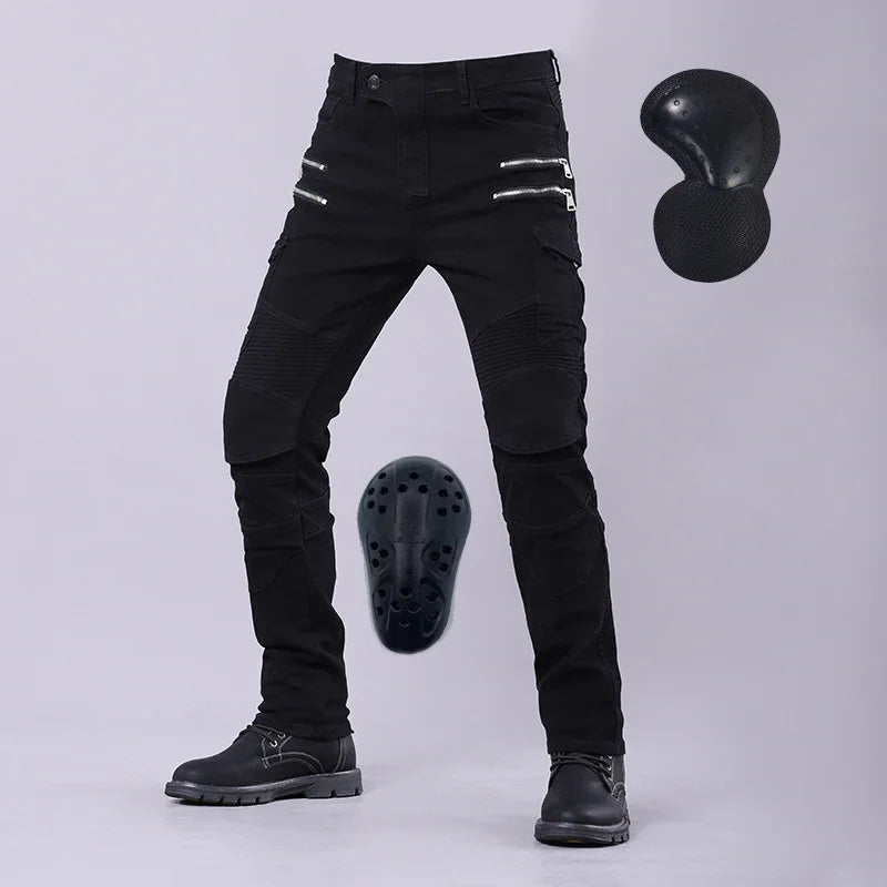 Black motorcycle riding pants with reinforced knees, protective armor pads, and black riding boots