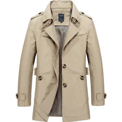 Beige men's trench coat with double-breasted buttons and checked inner lining