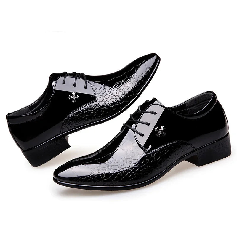 Stylish black men's dress shoes with glossy textured pattern and lace-up design