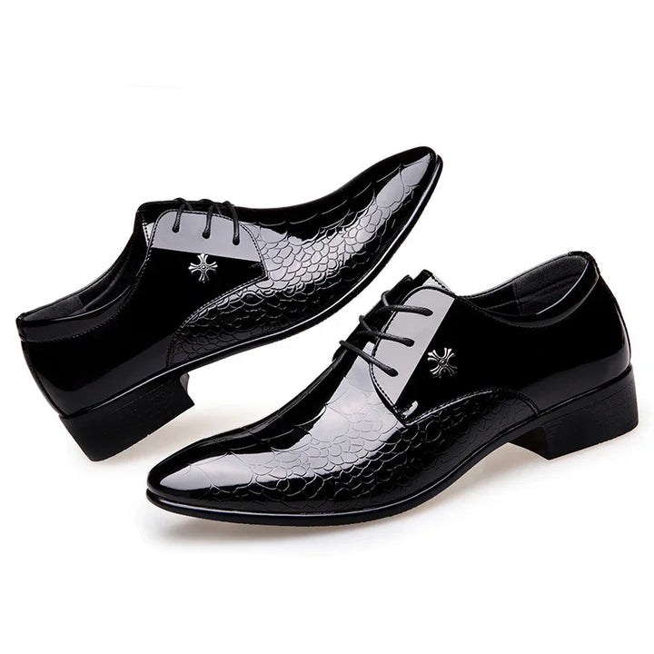 Stylish black men's dress shoes with glossy textured pattern and lace-up design