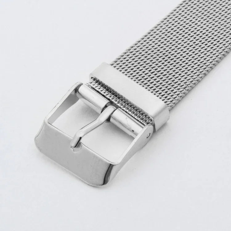 Silver metal mesh watch strap with stainless steel buckle on white background