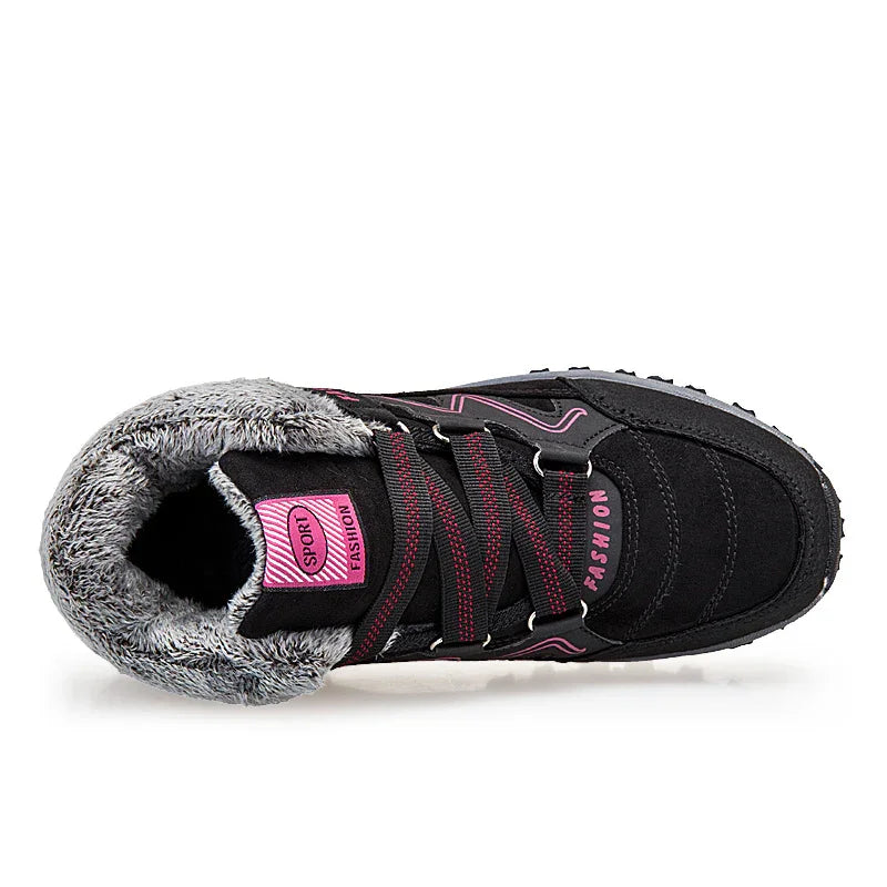Black winter sneaker with grey faux fur lining and pink 'Sport Fashion' label, top view