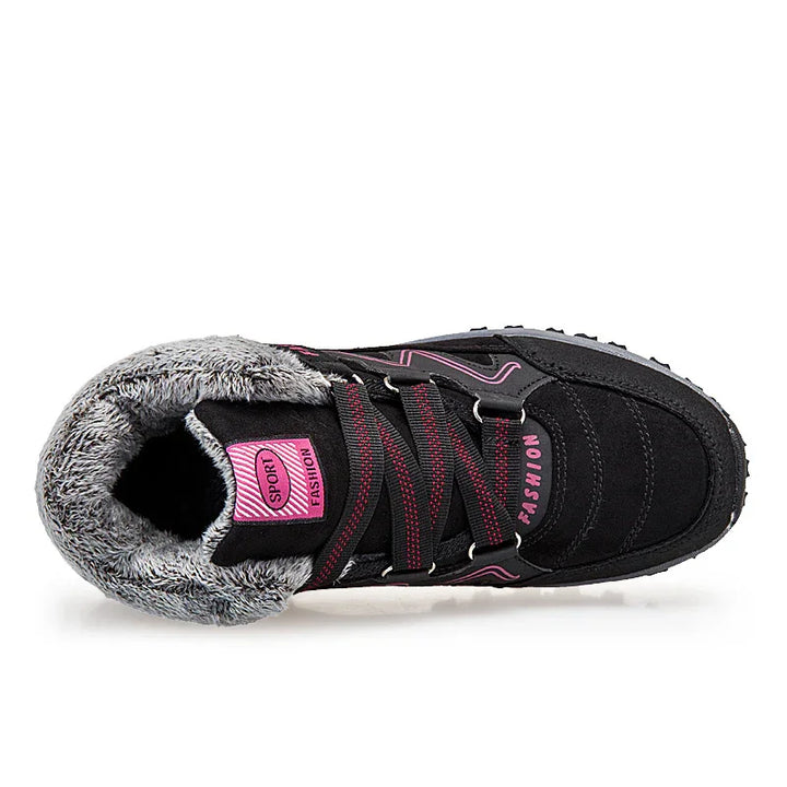 Black winter sneaker with grey faux fur lining and pink 'Sport Fashion' label, top view