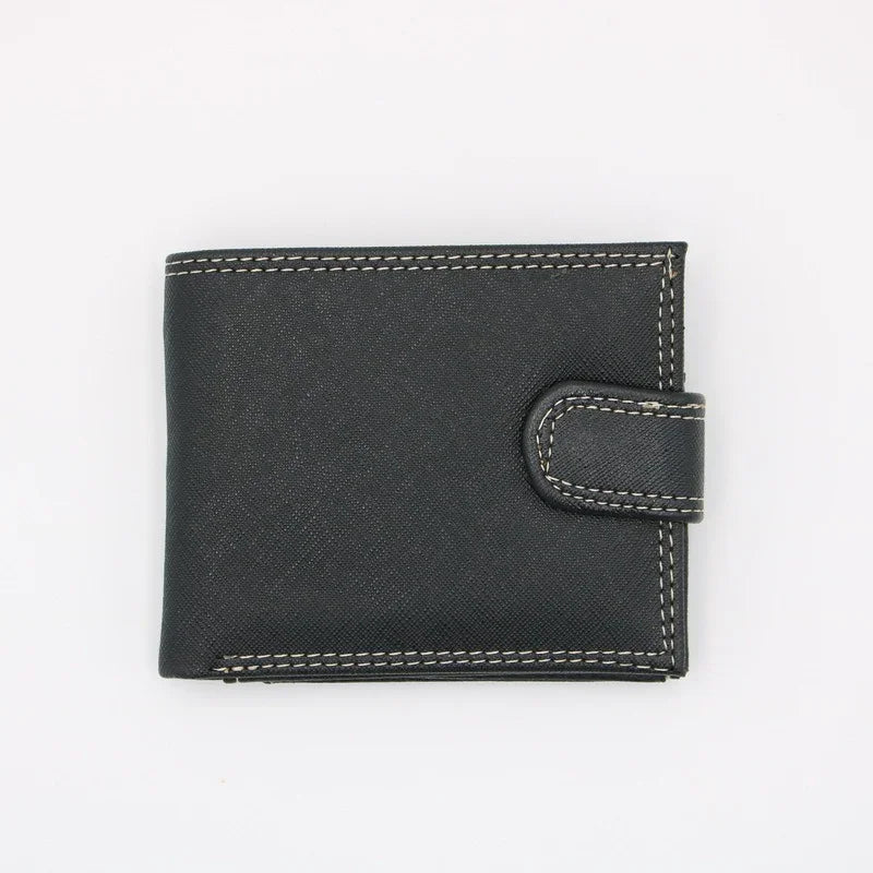 Black leather bifold wallet with white stitching and snap button closure on white background