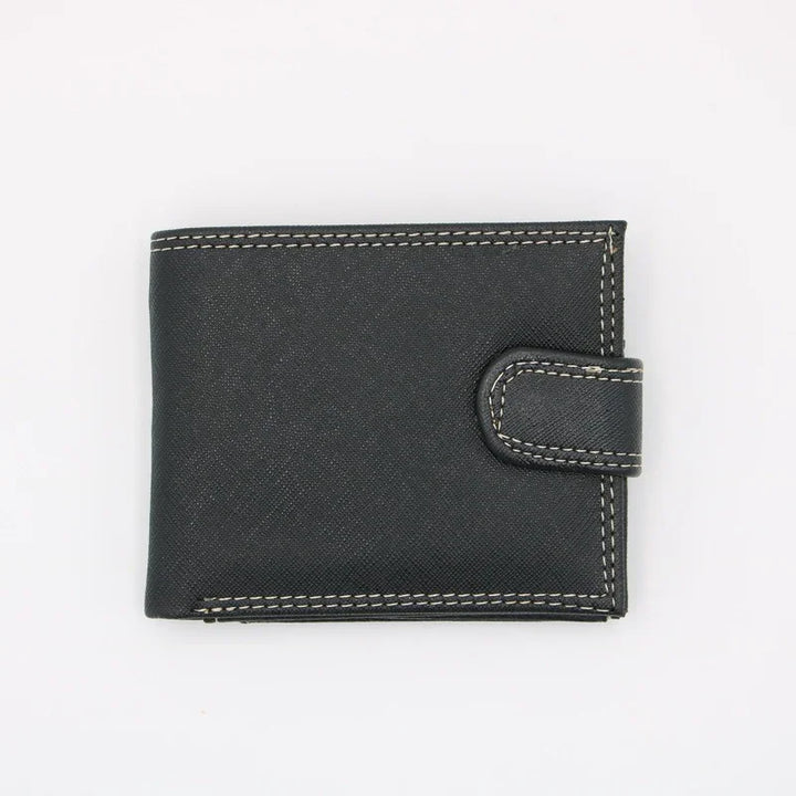 Black leather bifold wallet with white stitching and snap button closure on white background