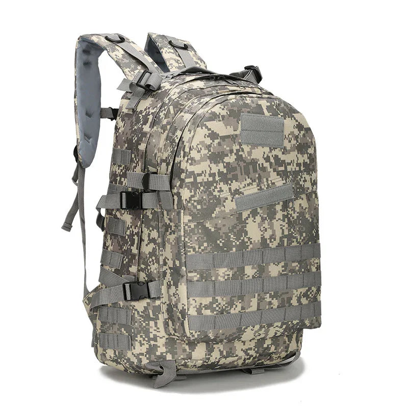 Digital camouflage tactical backpack with multiple straps and padded shoulder straps