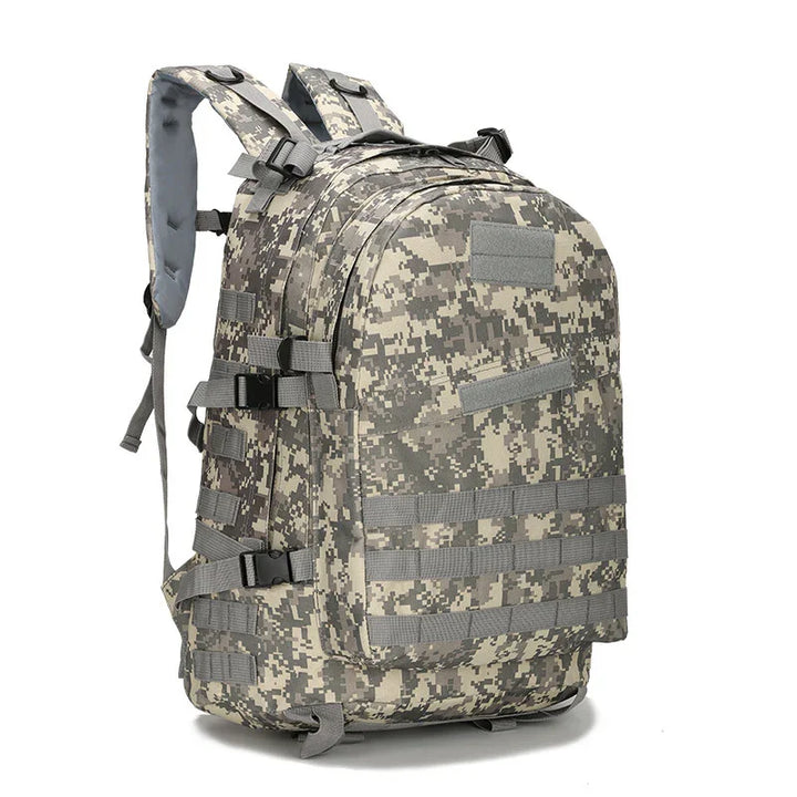 Digital camouflage tactical backpack with multiple straps and padded shoulder straps