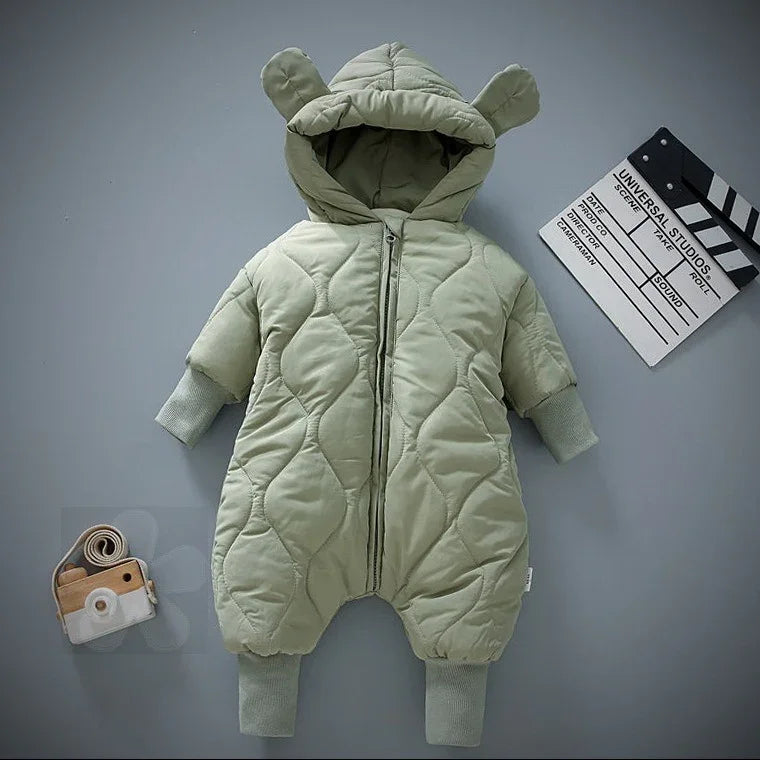 Light green quilted baby jumpsuit with hood and bear ears, zipper front, ribbed cuffs