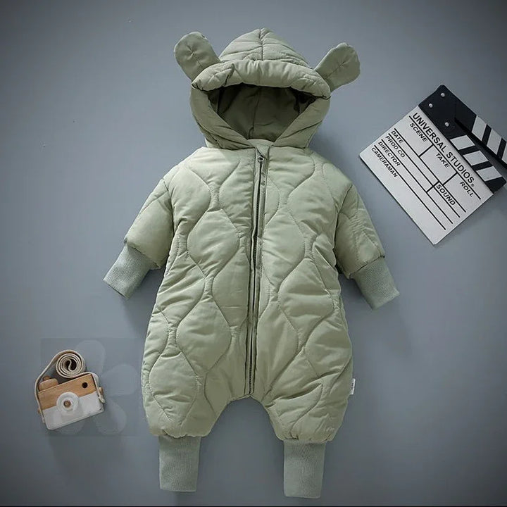 Light green quilted baby jumpsuit with hood and bear ears, zipper front, ribbed cuffs