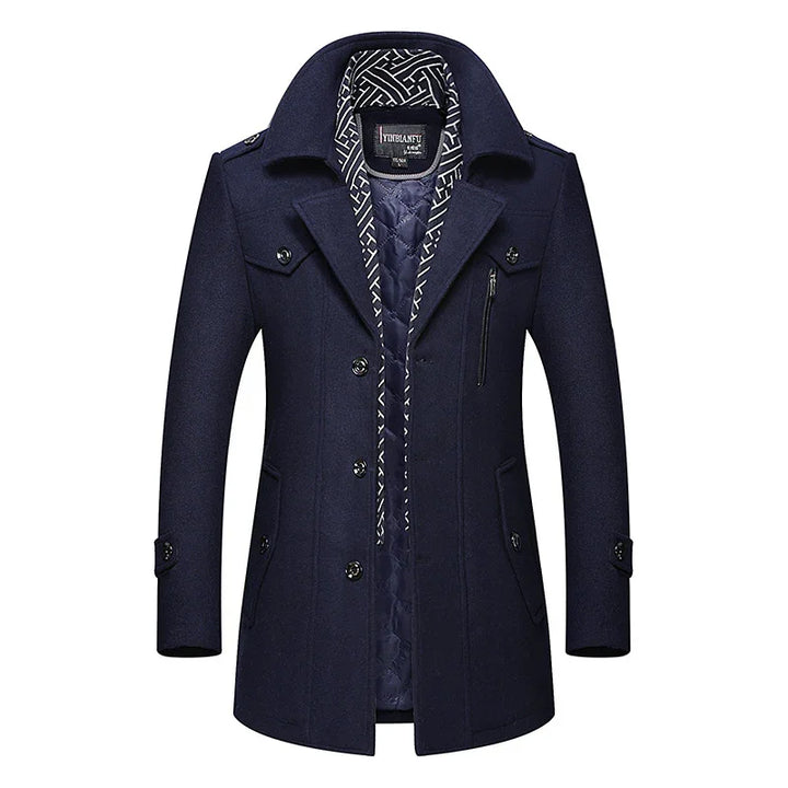 Navy blue men's long wool coat with quilted inner lining and button details