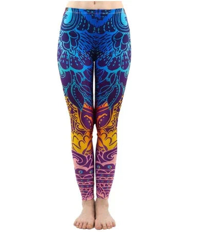 Vibrant full-length yoga leggings with intricate blue, purple, orange, and yellow mandala pattern