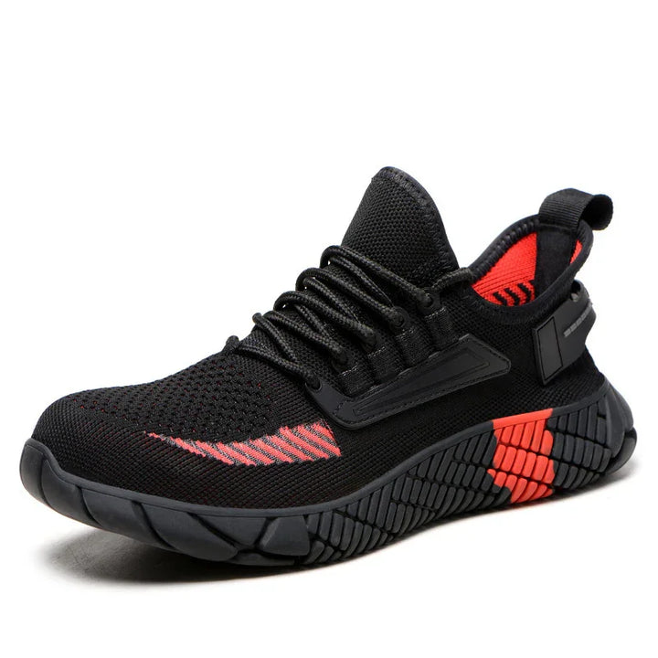 Black and red breathable knit athletic sneaker with textured sole and lace-up design