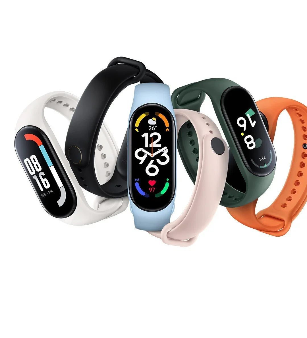 Five colorful smart fitness bands with digital displays showing time, heart rate, and weather
