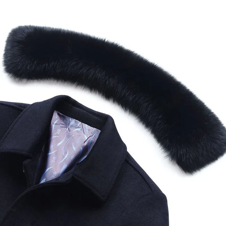 Black wool coat with patterned inner lining and detachable black fur collar accessory