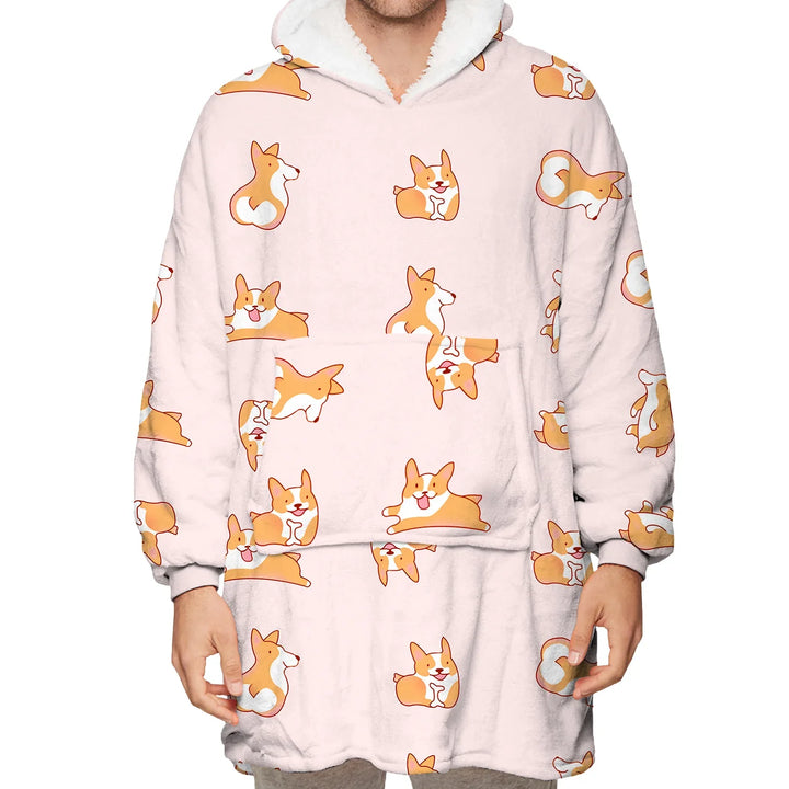 Cozy oversized hoodie blanket with cartoon corgi dog print and white fleece lining