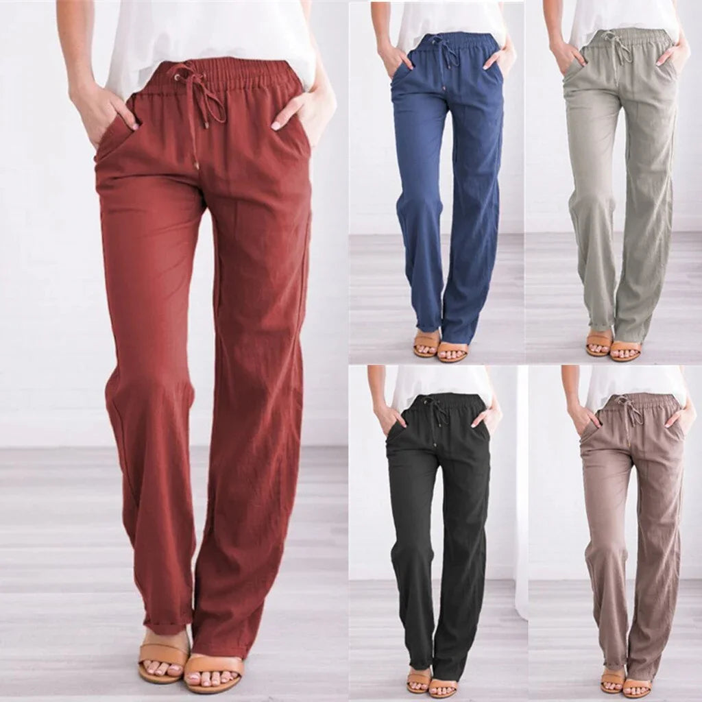 Women's casual drawstring pants in five colors: rust, navy blue, beige, black, and taupe, styled with white tops and sandals