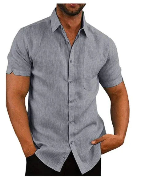 Men's casual short sleeve button-up shirt in light grey with collar and chest pocket