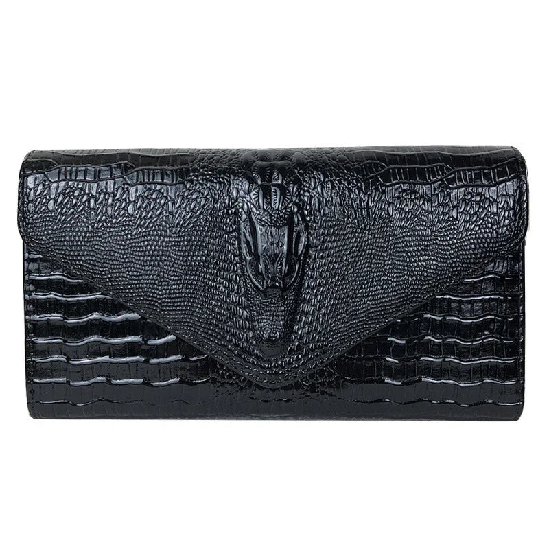 Black crocodile leather clutch purse with textured flap and embossed design